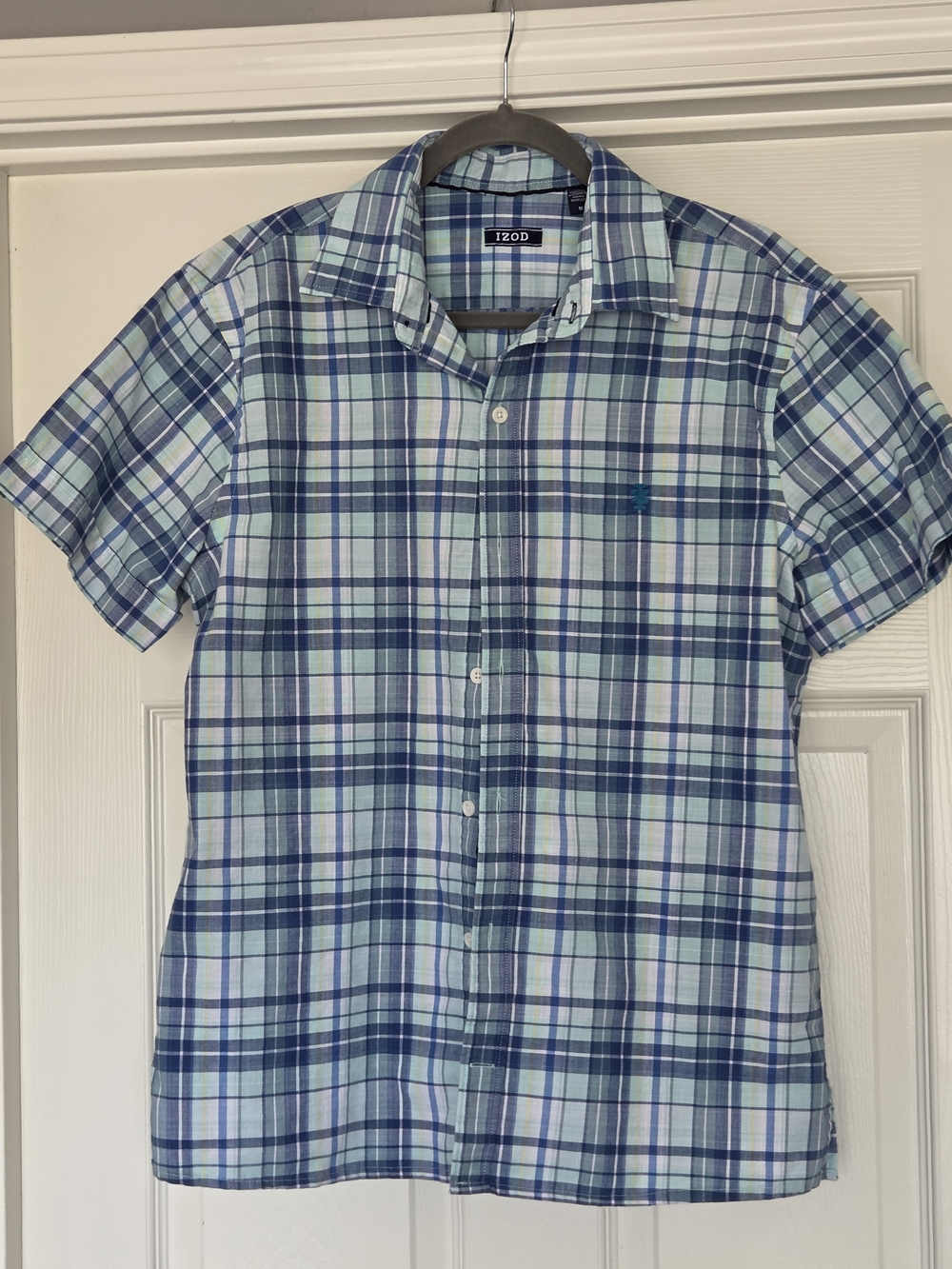 Izod Blue and Green Plaid Short Sleeve Button-Down Shirt
